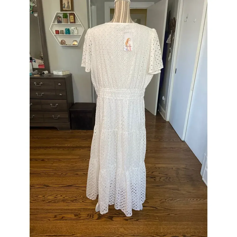 Pretty Garden white eyelet lace fully lined tiered maxi dress W - Picture 9 of 13